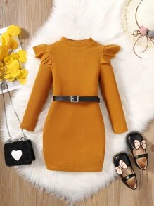 Cô Gái Trẻ Viền Ruffle Váy có thắt lưng - Màu Khaki - Xem 1