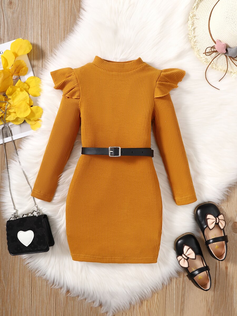 Cô Gái Trẻ Viền Ruffle Váy có thắt lưng - Màu Khaki - Xem 1