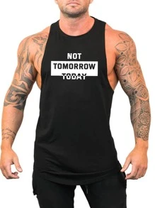 Fitness Boyfriend Style Men Slogan Graphic Sports Tank Top - Black - View 3