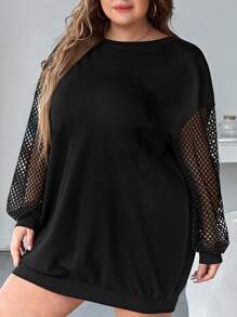 SHEIN LUNE 大碼拼接漁網落肩袖衛衣連衣裙 - 黑色 - 查看 5