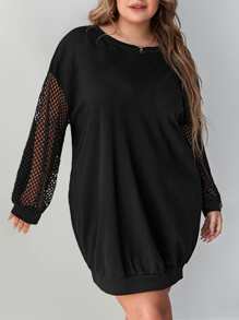 SHEIN LUNE 大碼拼接漁網落肩袖衛衣連衣裙 - 黑色 - 查看 1