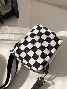 Mini Checkerboard Button Decor Flap Pocket Front Square Bag, Women Girls Checkered Canvas Crossbody Bag Small Handbag & Purse, Cute Preppy Coin Purse & Mobile Phone Bag, Versatile Zipper Shoulder Bag Stylish Messenger Bags - Black and White - View 5