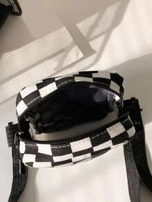 Mini Checkerboard Button Decor Flap Pocket Front Square Bag, Women Girls Checkered Canvas Crossbody Bag Small Handbag & Purse, Cute Preppy Coin Purse & Mobile Phone Bag, Versatile Zipper Shoulder Bag Stylish Messenger Bags - Black and White - View 6