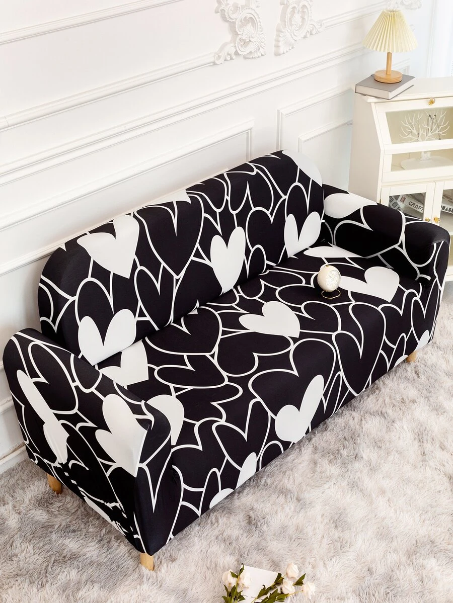 1pc Heart Pattern Sofa Slipcover - Black and White - View 1