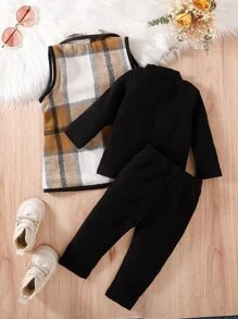 SHEIN 圣诞女婴格子印花撞色镶边瀑布领外套和上衣和裤子 - 彩色 - 查看 2