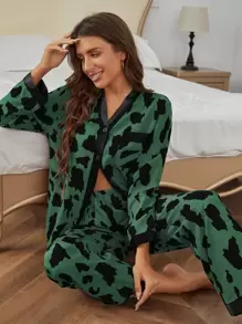 Conjunto de pijama con estampado total y ribete de contraste, ropa de otoño e invierno - Verde Oscuro - Ver 4