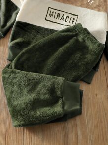 SHEIN Chàng trai trẻ Khối màu Thêu Chữ Flannel Áo chui đầu & Quần - Nhiều màu - Xem 3