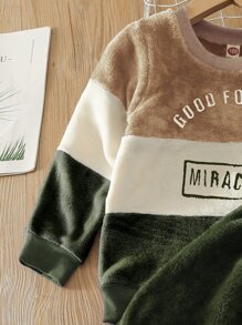 SHEIN Chàng trai trẻ Khối màu Thêu Chữ Flannel Áo chui đầu & Quần - Nhiều màu - Xem 4