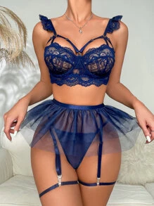 5pack Floral Lace Underwire Garter Lingerie Set - Navy Blue - View 5