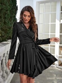 SHEIN Essnce Surplice Neck Puff Sleeve Knot Side Wrap Dress - Black - View 2