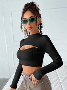 SHEIN ICON 2 In 1 Cut Out Front Crop Jumper - Black - View 3