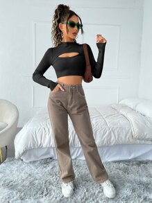 SHEIN ICON 2 In 1 Cut Out Front Crop Jumper - Black - View 5