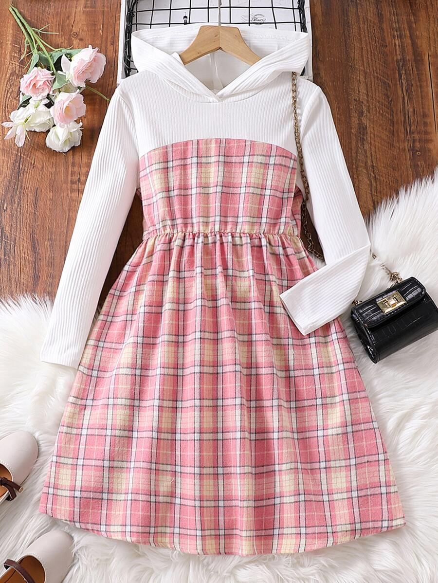 Girls Plaid Print Hooded Dress - Multicolor - View 1