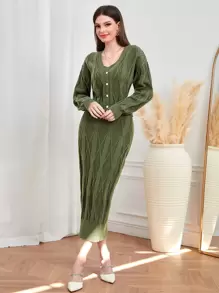 Modelyn 麻花編織落肩袖開襟衫和毛衣裙 - 軍綠色 - 查看 1