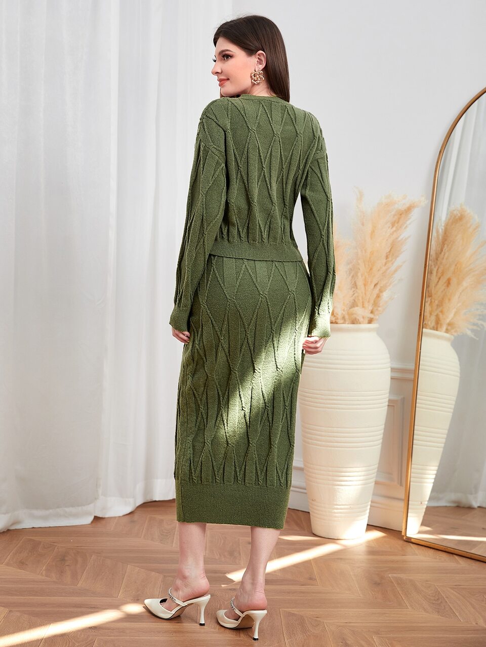 Cable Knit Drop Shoulder Cardigan & Sweater Dress 2 Piece Set Fall Cloth For Women