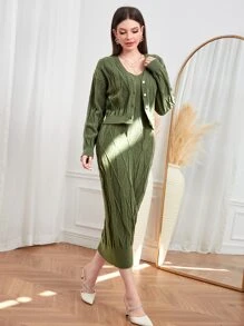 Modelyn 麻花編織落肩袖開襟衫和毛衣裙 - 軍綠色 - 查看 5