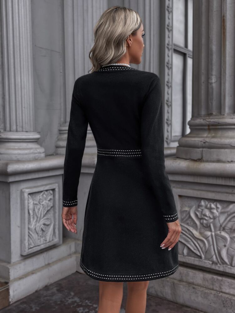 Button Front Whipstitch Detail Jumper Dress - Black - View 2