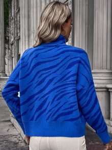 Knit Mix 女士斑马纹加大圆领毛衣（印花图案随机） - 藍色 - 查看 2