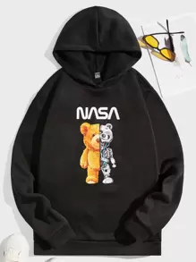 Manfinity VCAY 男士熊和字母圖案連帽衫 - 黑色 - 查看 1