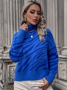 Knit Mix 女士斑马纹加大圆领毛衣（印花图案随机） - 藍色 - 查看 4