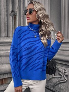 Knit Mix 女士斑马纹加大圆领毛衣（印花图案随机） - 藍色 - 查看 5