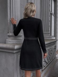 Button Front Whipstitch Detail Jumper Dress - Black - View 5