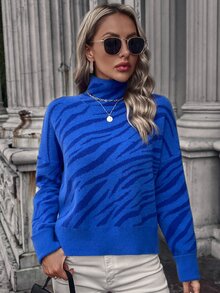 Knit Mix 女士斑马纹加大圆领毛衣（印花图案随机） - 藍色 - 查看 6