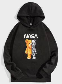 Manfinity VCAY 男士熊和字母圖案連帽衫 - 黑色 - 查看 4