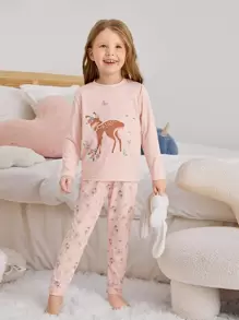 Toddler Girls Deer & Slogan Graphic PJ Set - Pink - View 1