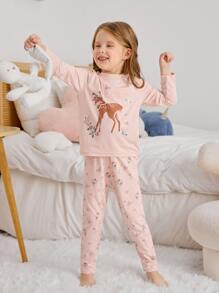 Toddler Girls Deer & Slogan Graphic PJ Set - Pink - View 4