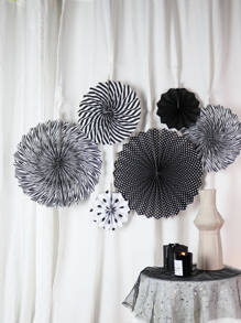 6 cái chấm bi & sọc hoa văn treo quạt giấy - Đen và trắng - Xem 2