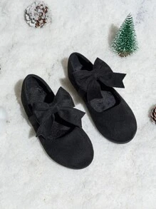Girls Bow Decor Faux Suede Ballet Flats - Black - View 1