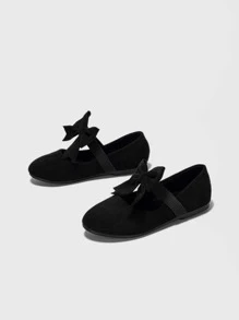 Girls Bow Decor Faux Suede Ballet Flats - Black - View 2