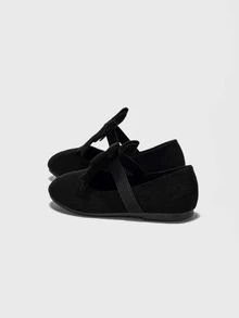 Girls Bow Decor Faux Suede Ballet Flats - Black - View 3
