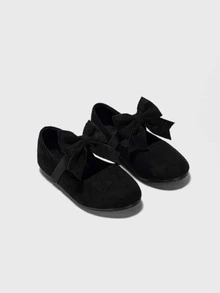 Girls Bow Decor Faux Suede Ballet Flats - Black - View 4