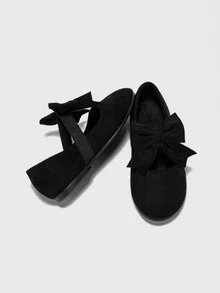 Girls Bow Decor Faux Suede Ballet Flats - Black - View 5