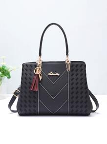 Túi đeo chéo họa tiết chữ trang trí tua rua, quà tặng Ngày của Mẹ cho Mẹ - màu đen - Xem 1