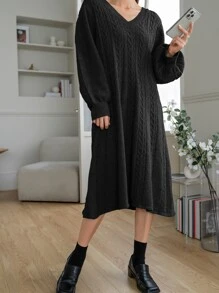 DAZY Cable Knit Jumper Dress - Black - View 3