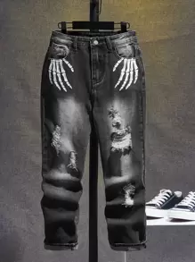 SHEIN Boys Skeleton Print Ripped Frayed Bleach Wash Jeans - Black - View 1