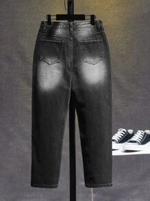 SHEIN Boys Skeleton Print Ripped Frayed Bleach Wash Jeans - Black - View 2