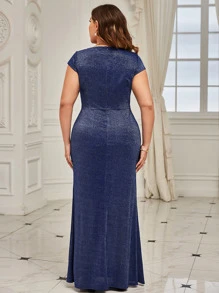 MIUSOL Plus Keyhole Neck Drape Side Glitter Prom Dress - Navy Blue - View 2