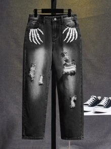 SHEIN Boys Skeleton Print Ripped Frayed Bleach Wash Jeans - Black - View 3