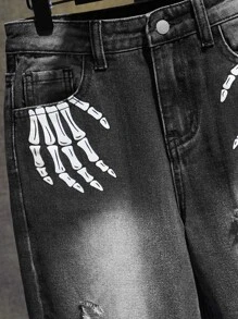 SHEIN Boys Skeleton Print Ripped Frayed Bleach Wash Jeans - Black - View 4