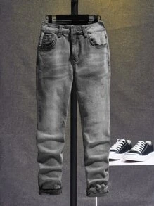 SHEIN 青少年男孩貓鬚漂白洗水牛仔褲 - 灰色 - 查看 1