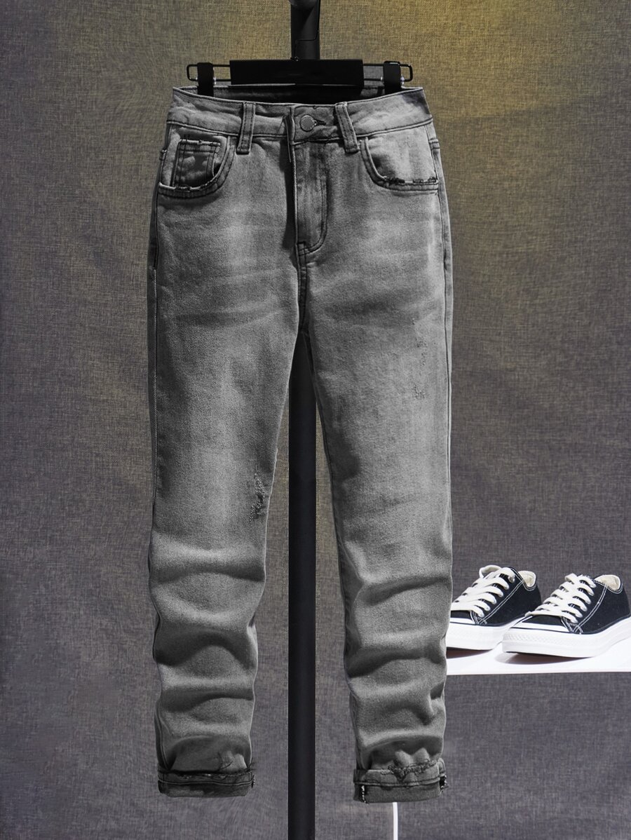 SHEIN 青少年男孩貓鬚漂白洗水牛仔褲 - 灰色 - 查看 1