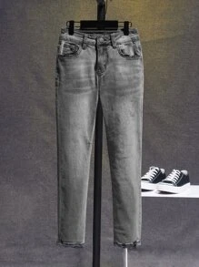 SHEIN 青少年男孩貓鬚漂白洗水牛仔褲 - 灰色 - 查看 4