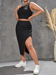 SHEIN Essnce Plus Solid Tank Top & Split Thigh Skirt - Black - View 4