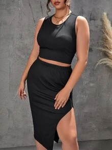 SHEIN Essnce Plus Solid Tank Top & Split Thigh Skirt - Black - View 5