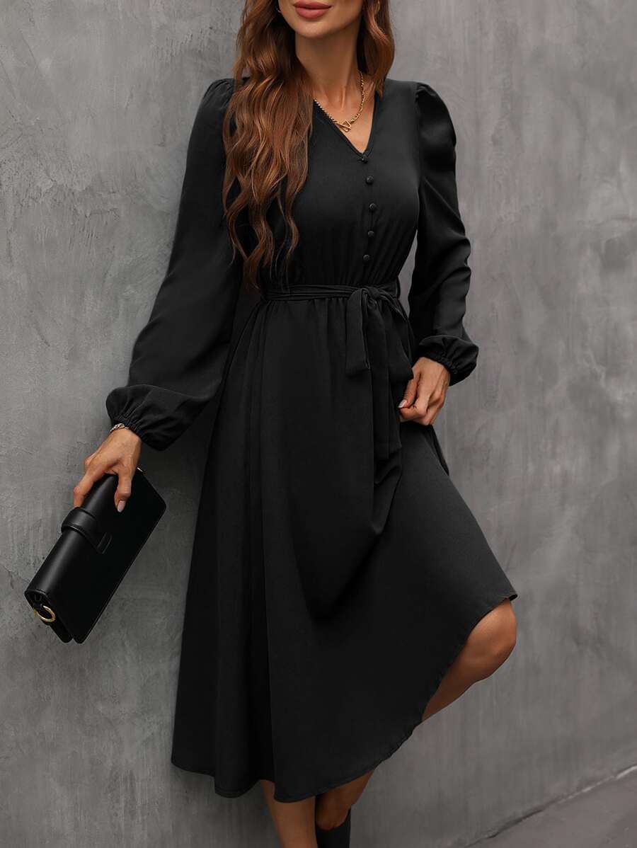 SHEIN Clasi 燈籠袖繫腰帶洋裝 - 黑色 - 查看 1