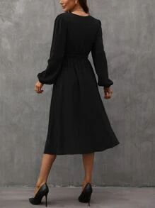 SHEIN Clasi 燈籠袖繫腰帶洋裝 - 黑色 - 查看 2